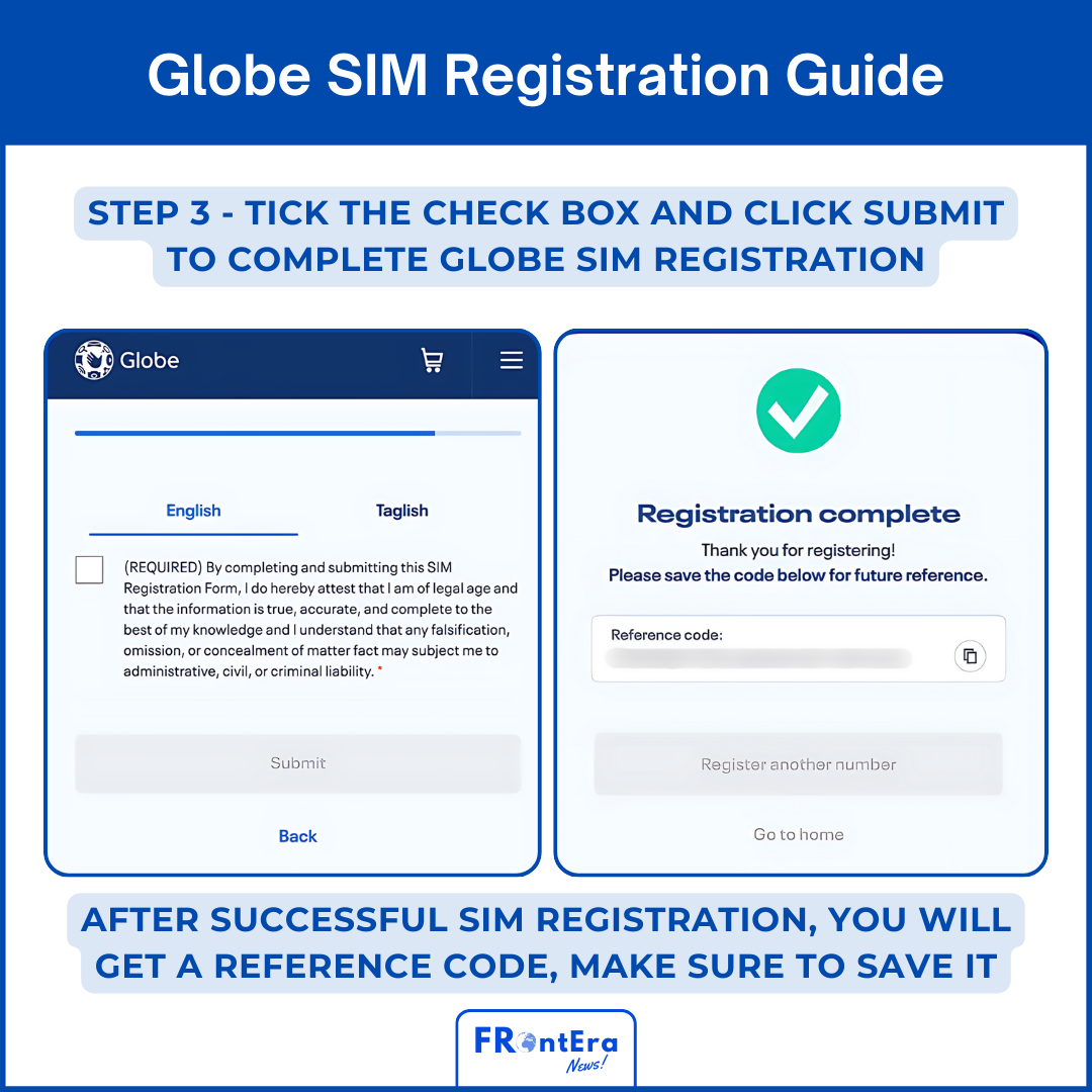 Step 3 - Get Reference Code after Globe Sim Registration