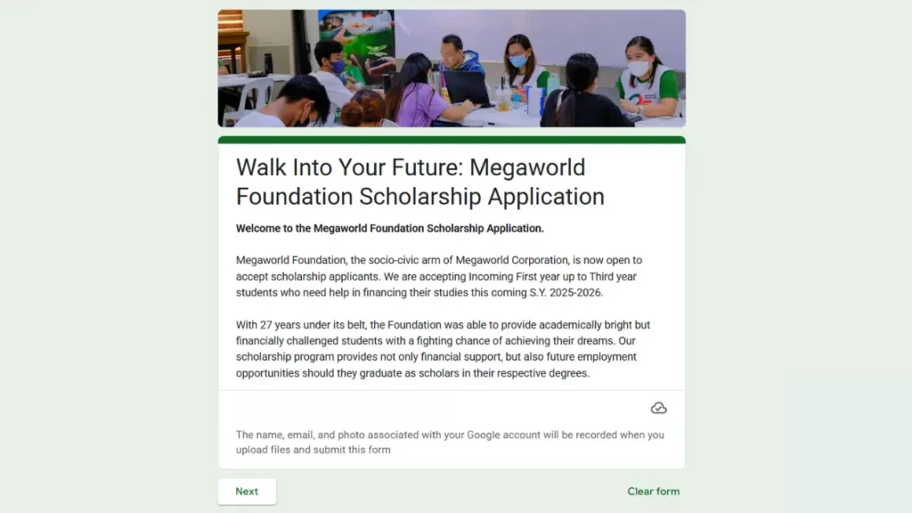 Megaworld Foundation Scholarship Application form for the academic year 2025–2026.